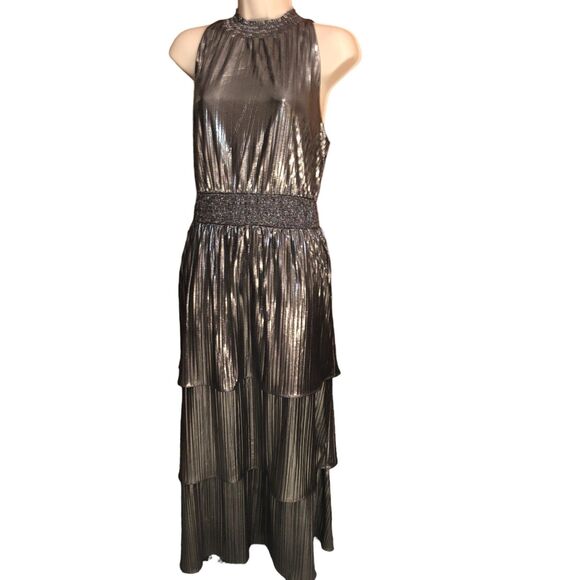 NWT Addison Evening Silver Metallic Dress Size 14 High Neck Glamour Maxi Formal - Picture 3 of 15